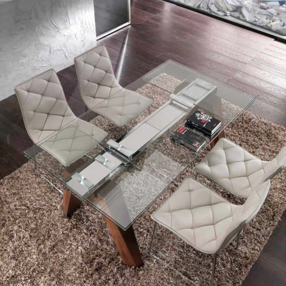 Tavolo allungabile in legno massello e vetro temperato Chad  Viadurini