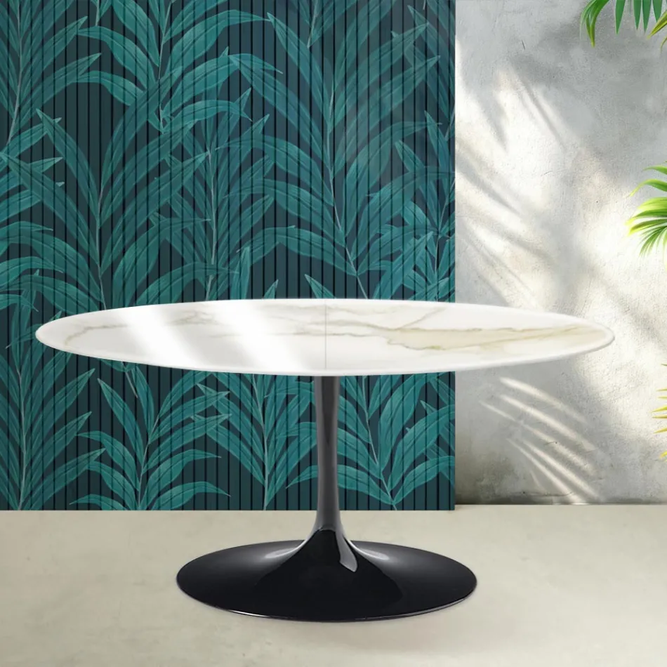 Tavolo Allungabile Tulip Saarinen H 74 cm in Ceramica Florim Calacatta Gold Lucido - Scarlet Viadurini