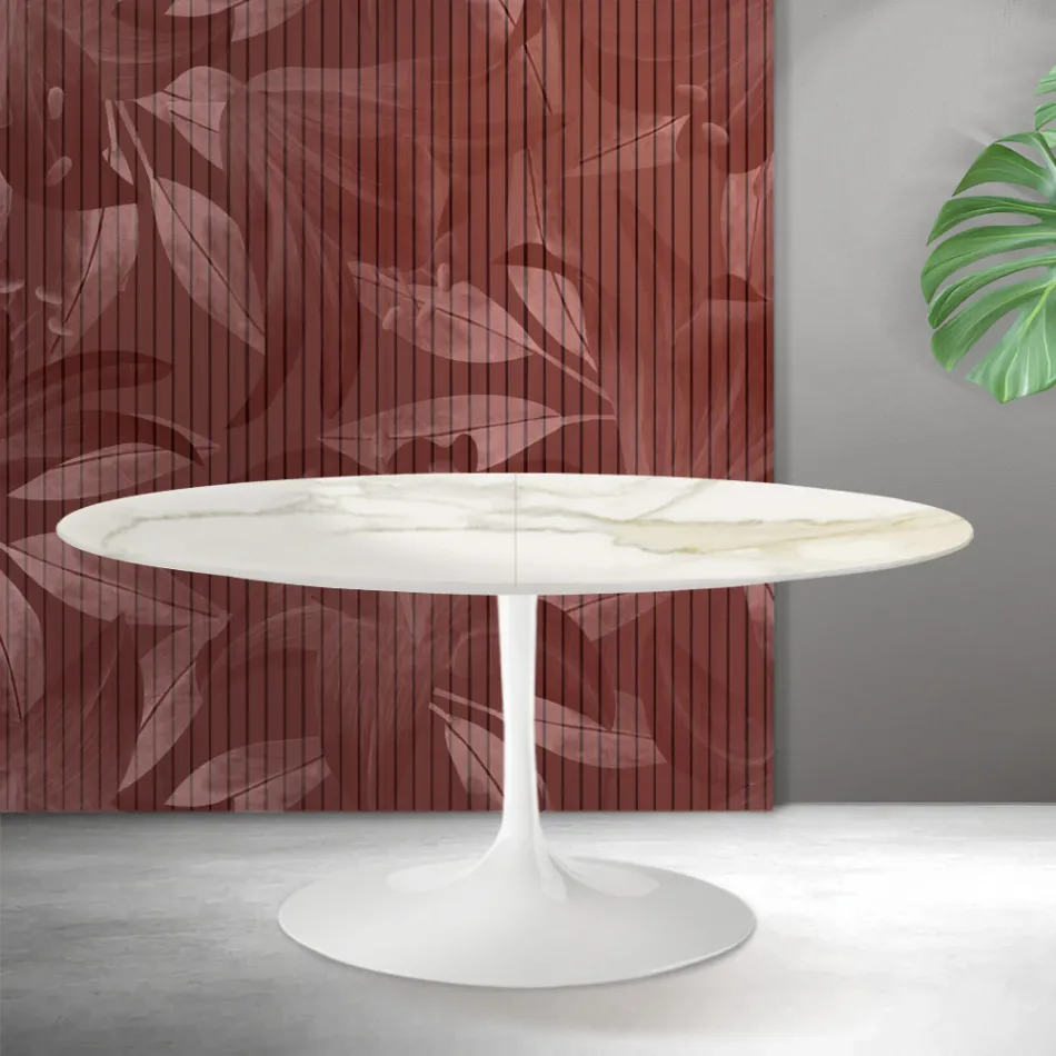 Tavolo Allungabile Tulip Saarinen H 74 cm in Ceramica Florim Calacatta Gold Opaco - Scarlet Viadurini