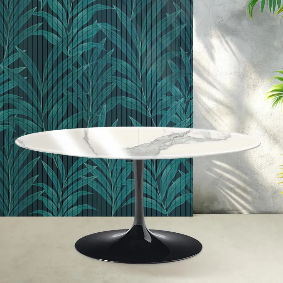 Tavolo Allungabile Tulip Saarinen H 74 cm in Ceramica Florim Statuario Lucido - Scarlet Viadurini