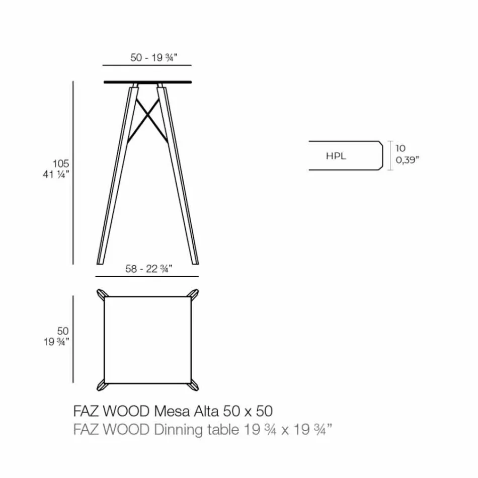 Tavolo Alto da Bar Design Quadrato in Legno e Hpl, 4 Pezzi - Faz Wood by Vondom Viadurini