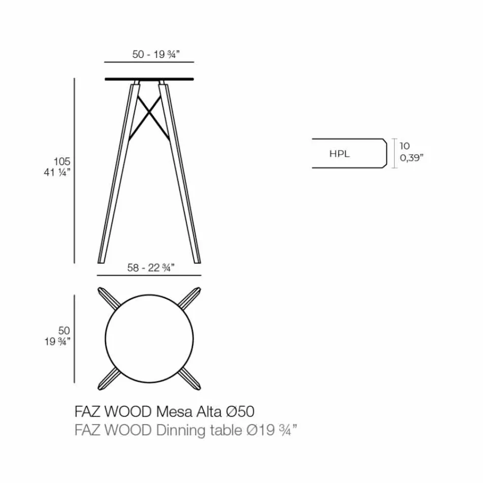 Tavolo Alto da Bar Rotondo Design in Legno e Hpl, 4 Pezzi - Faz Wood by Vondom Viadurini