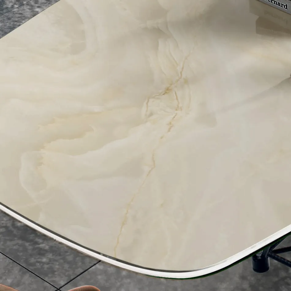 Tavolo con Piano in Ceramica a Botte e Base in Acciaio Made in Italy - Ezzellino  Viadurini