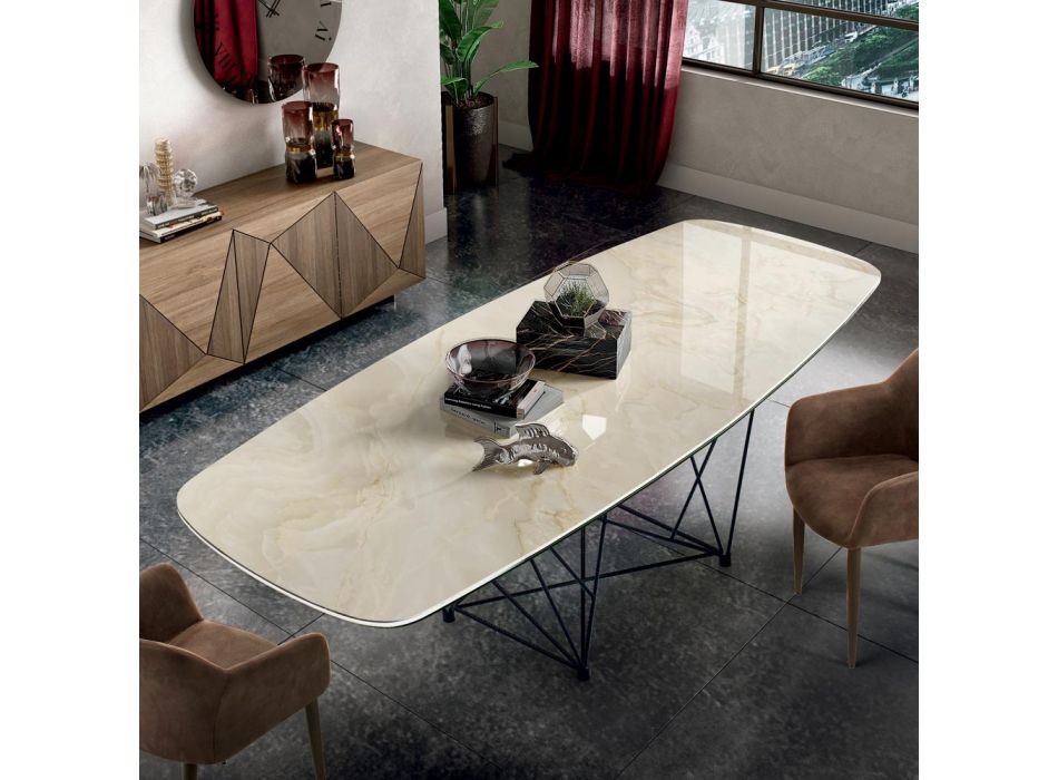Tavolo con Piano in Ceramica a Botte e Base in Acciaio Made in Italy - Ezzellino  Viadurini