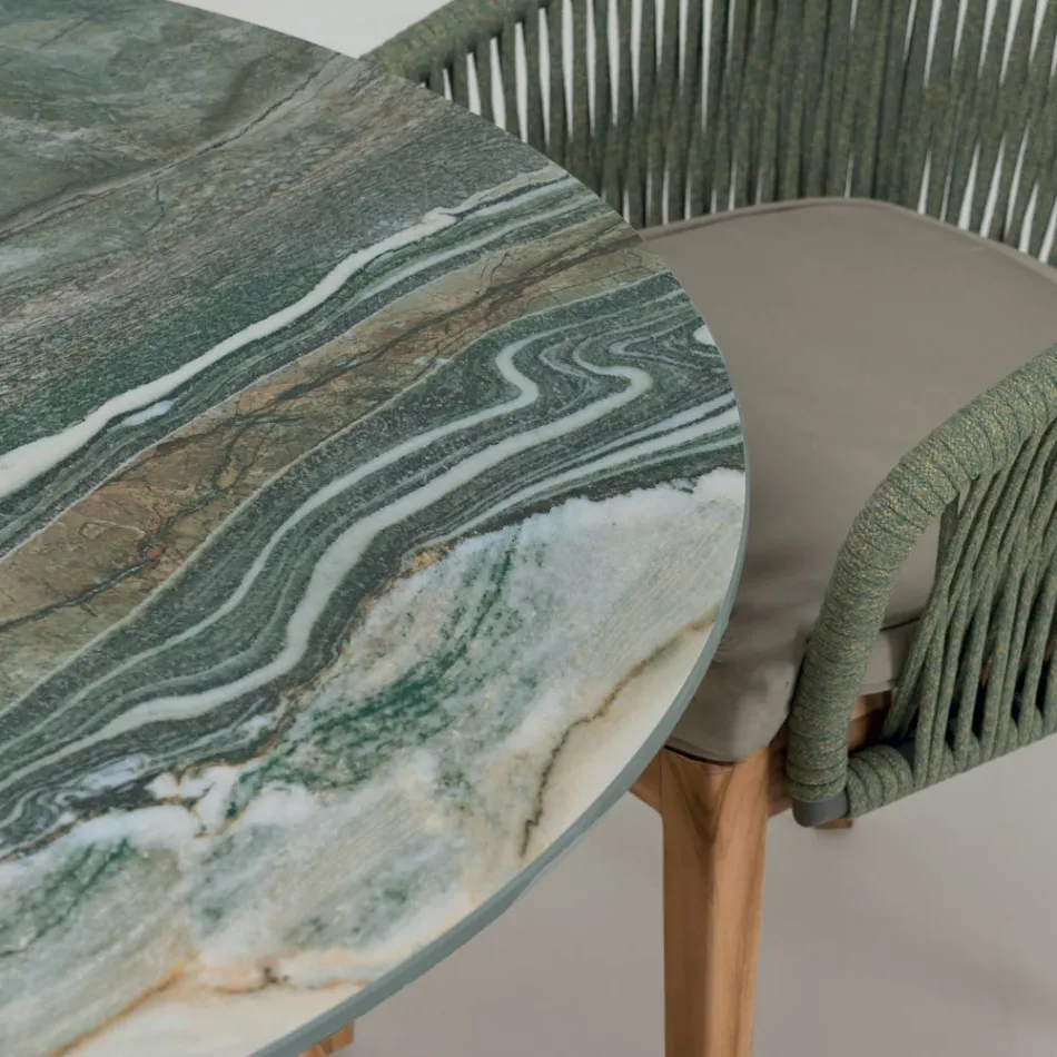 Tavolo con Piano in Ceramica e Base in Teak Made in Italy - Helmet Viadurini