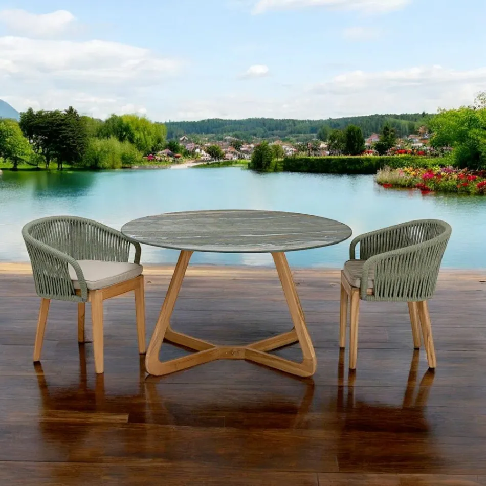 Tavolo con Piano in Ceramica e Base in Teak Made in Italy - Helmet Viadurini