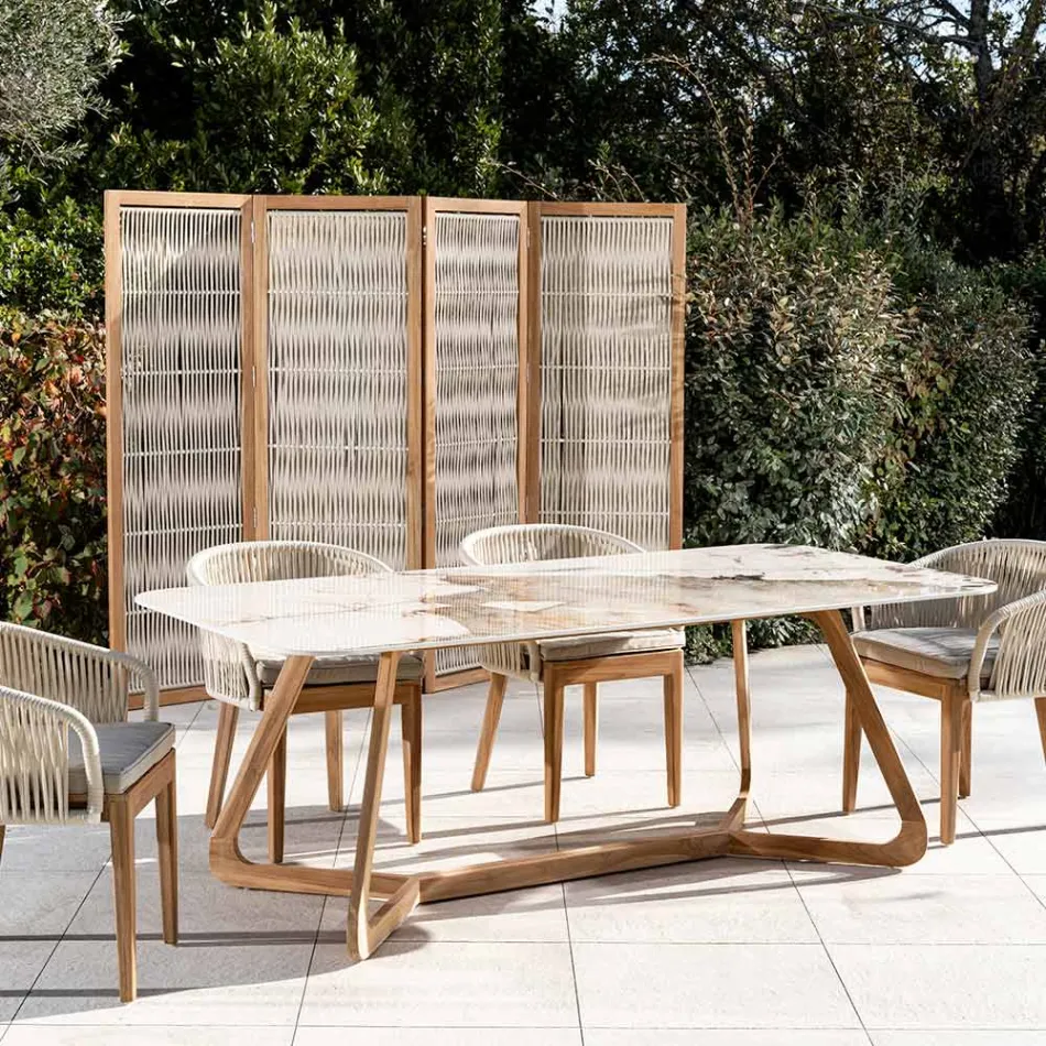 Tavolo con Piano in Ceramica e Base in Teak Massello Made in Italy - Blouse Viadurini