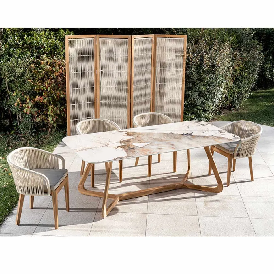 Tavolo con Piano in Ceramica e Base in Teak Massello Made in Italy - Blouse Viadurini