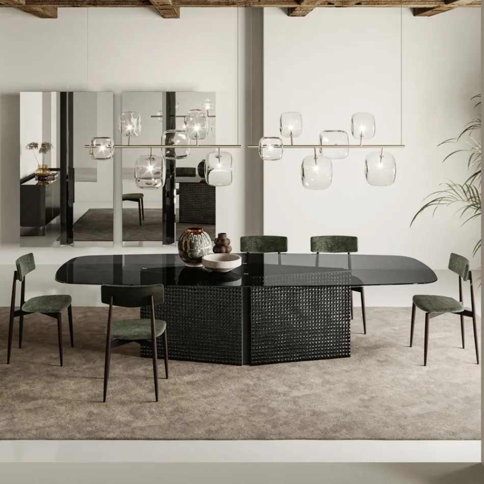 Tavolo con Piano in Vetro Sagomato e Base in Vetro Fuso e Metallo - Foglietto Viadurini