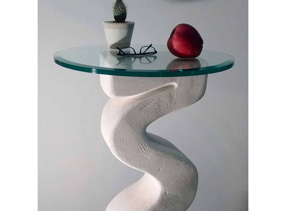 Tavolo consolle tondo in pietra e cristallo di design Babylas Viadurini