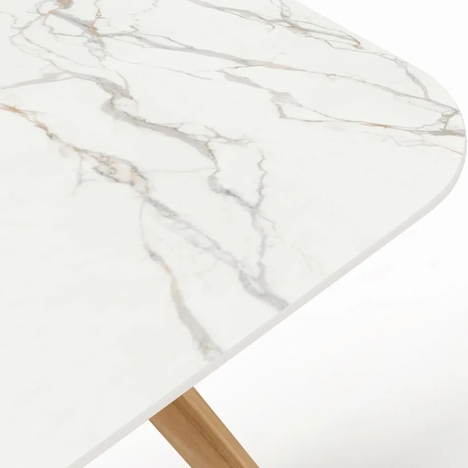 Tavolo da Esterno con Base in Legno e Piano in Ceramica Calacatta Oro - Infinity Viadurini