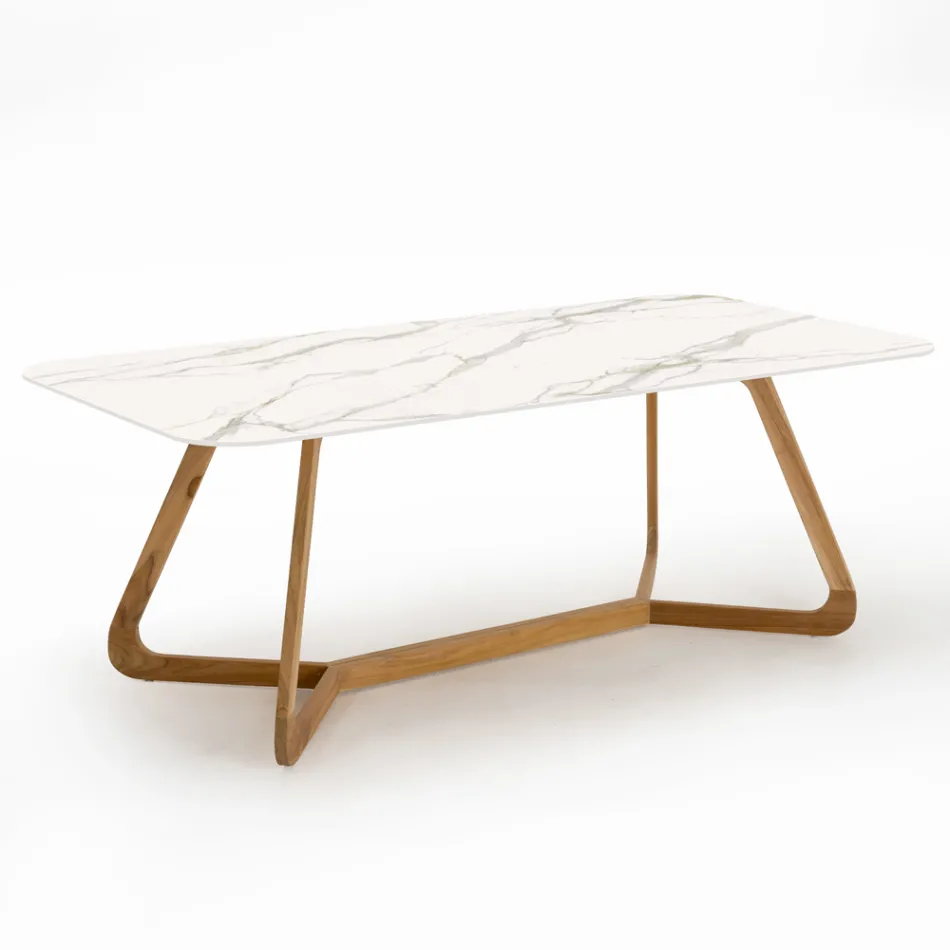 Tavolo da Esterno con Base in Legno e Piano in Ceramica Calacatta Oro - Infinity Viadurini