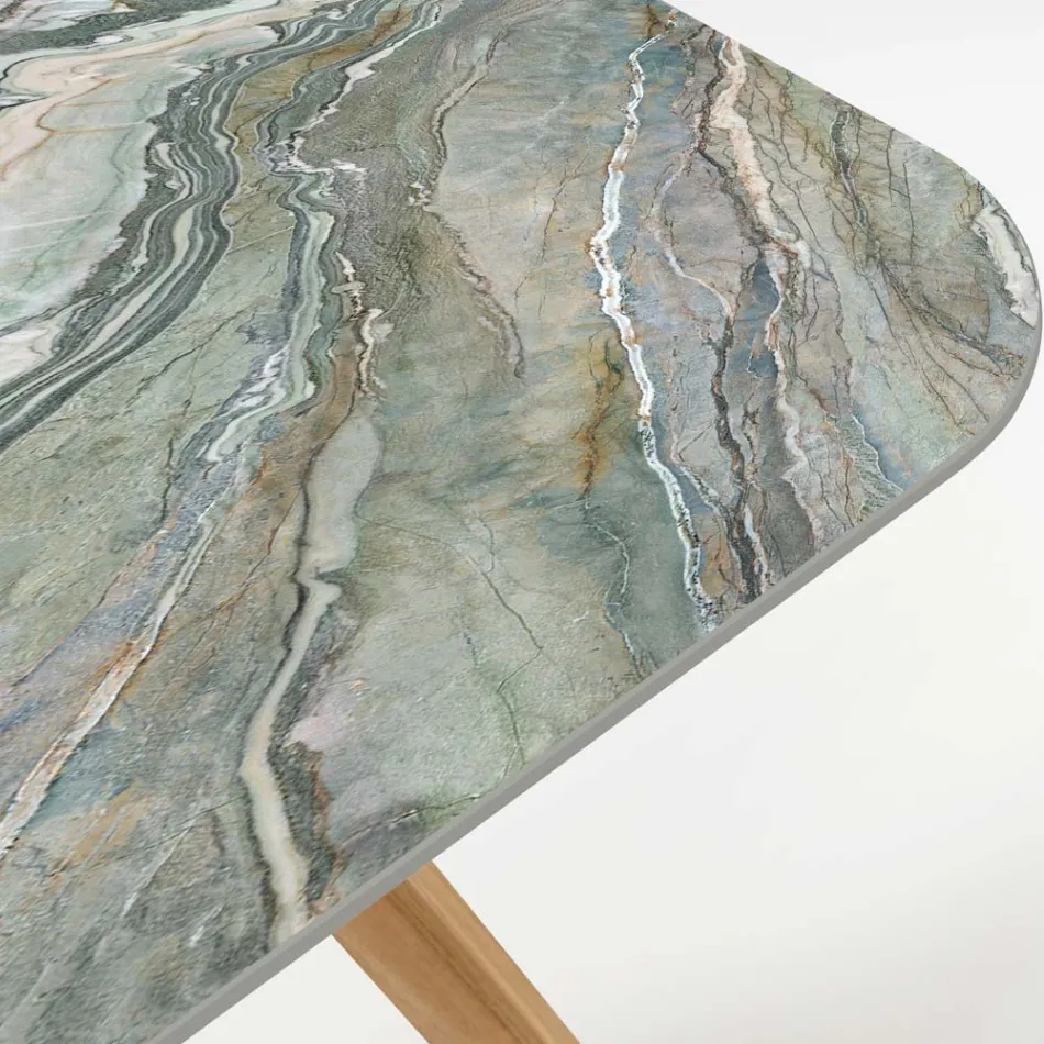 Tavolo da Esterno con Base in Legno e Piano in Ceramica Royal Peacock - Infinity Viadurini