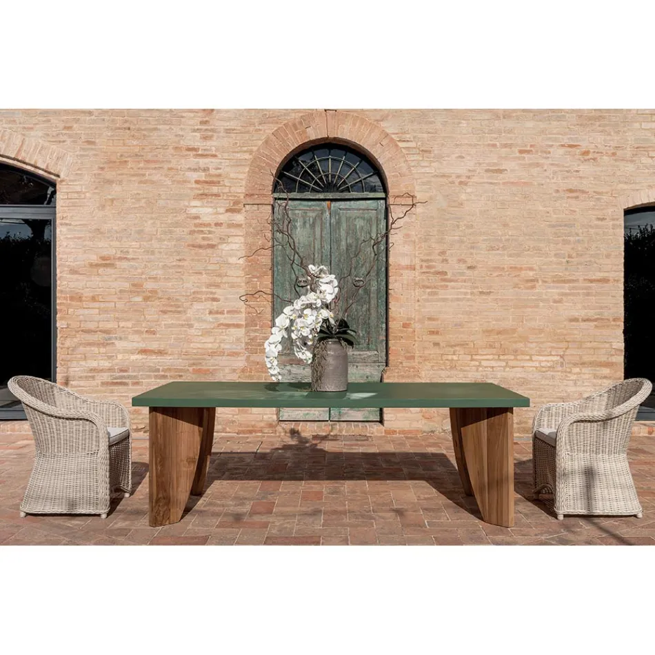 Tavolo da Esterno in Okumè Finitura Microcemento e Teak Made in Italy - Pencil Viadurini