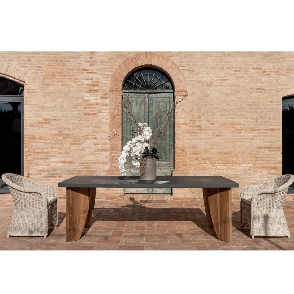 Tavolo da Esterno in Okumè Finitura Microcemento e Teak Made in Italy - Pencil Viadurini