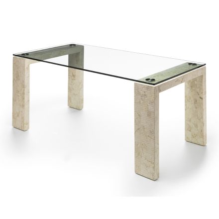 Tavolo da Interno in Stile Moderno in Vetro e Pietra Fossile - Mistra Viadurini