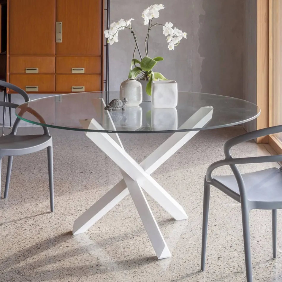 Tavolo da Pranzo Base Faggio Massello e Piano Vetro Temperato - Evergreen Viadurini