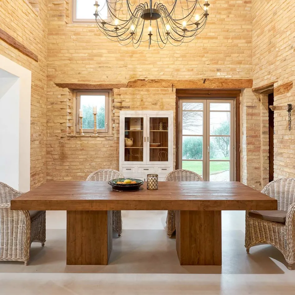 Tavolo da Pranzo con Doppio basamento e 4 Sedie in Rattan - Slide Viadurini