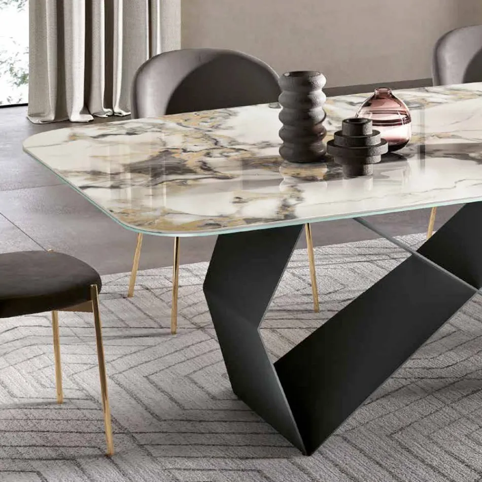 Tavolo da Pranzo con Piano in Ceramica Effetto Marmo Made in Italy - Mirco Viadurini