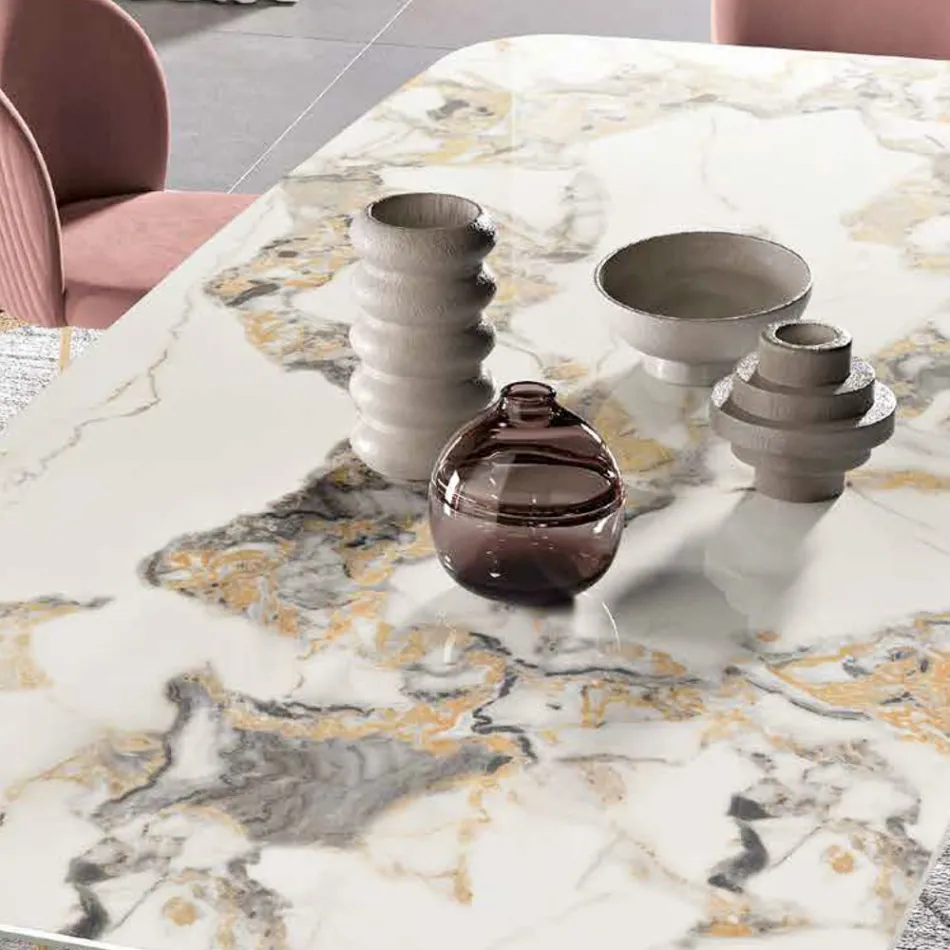 Tavolo da Pranzo con Piano in Ceramica Effetto Marmo Made in Italy - Mirco Viadurini