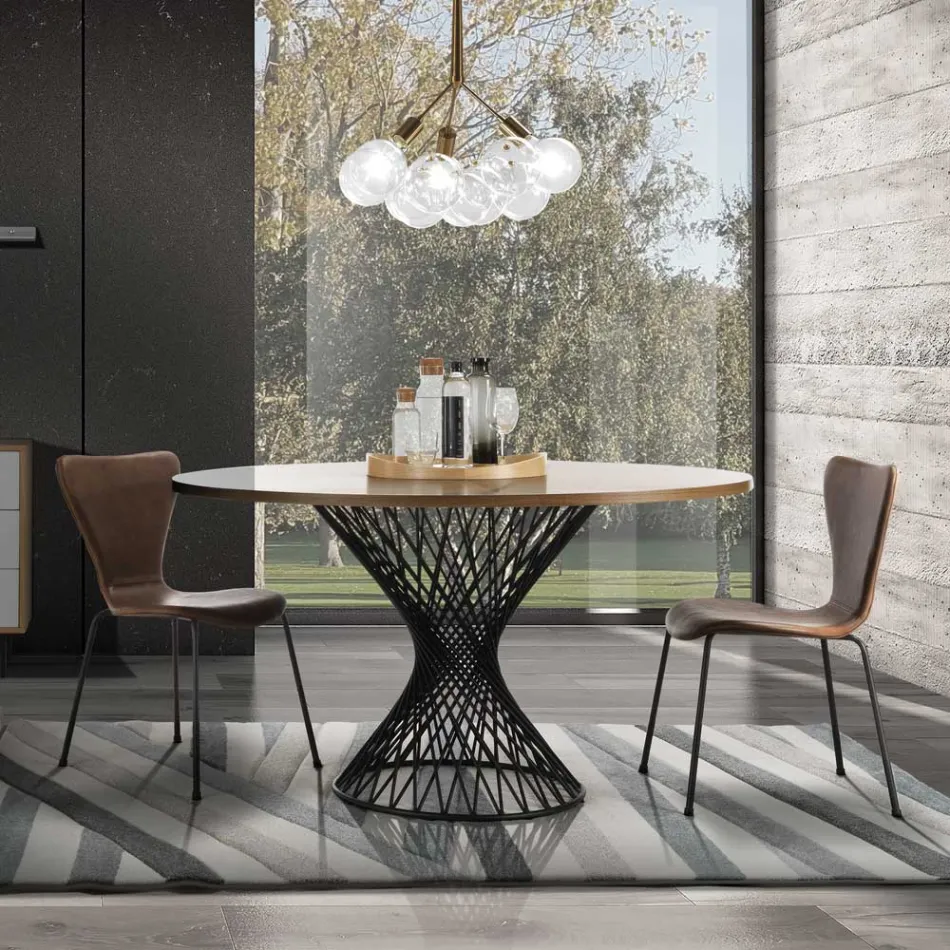 Tavolo da Pranzo con Piano Rotondo in Mdf Impiallacciato Rovere - Emmanuel Viadurini