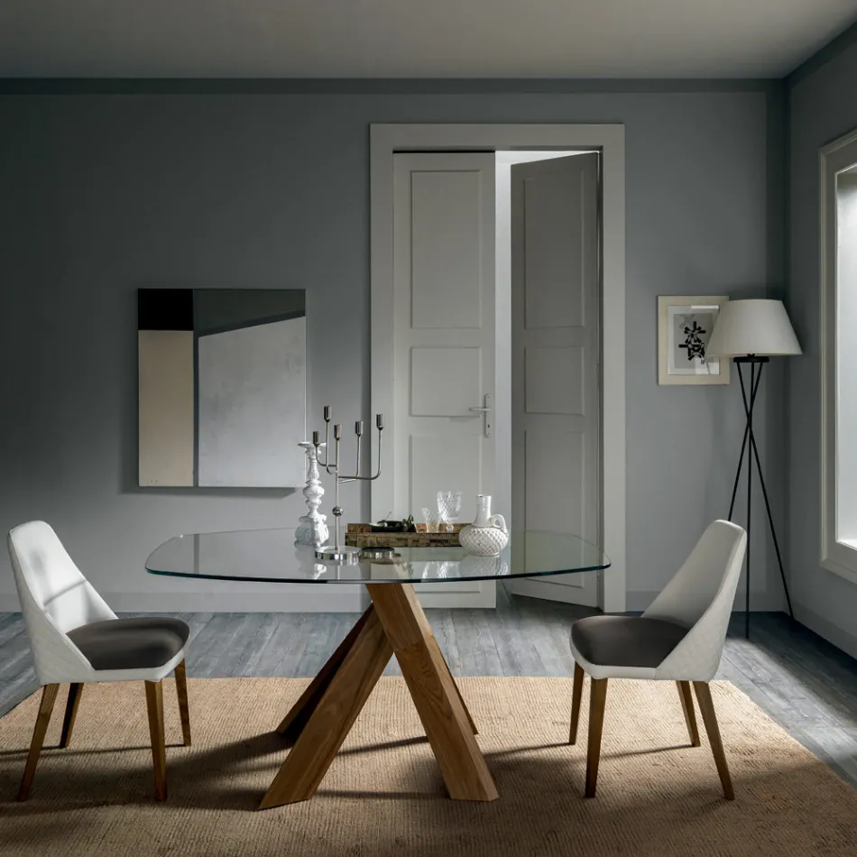 Tavolo da Pranzo da Salotto Piano in Vetro e Gambe in Legno - Botanico Viadurini