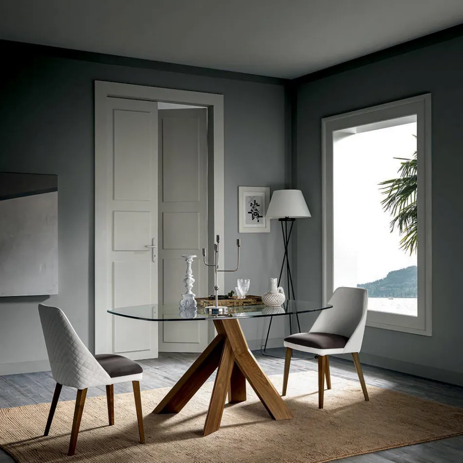 Tavolo da Pranzo da Salotto Piano in Vetro e Gambe in Legno - Botanico Viadurini