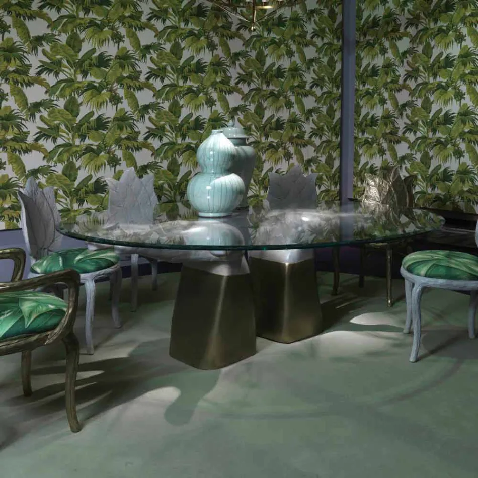 Tavolo da pranzo in legno con piano in vetro, made in Italy, Bartolo  Viadurini