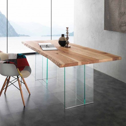 Tavolo da pranzo in legno massello e vetro Marlon Viadurini