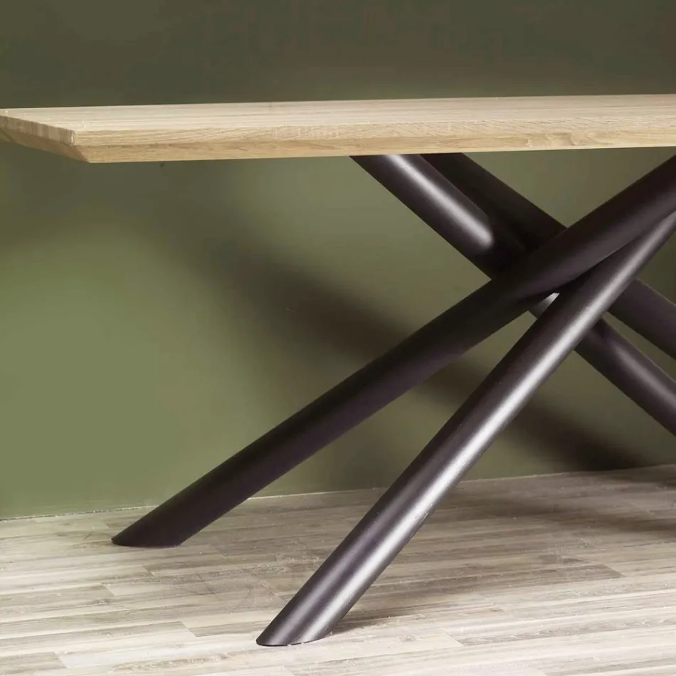 Tavolo da Pranzo in MDF Effetto Legno e Base in Metallo Nero - Tramonto Viadurini