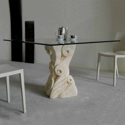 Tavolo da pranzo in pietra con piano in cristallo di design Giasone Viadurini