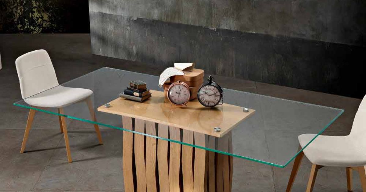 Tavolo in vetro e legno massello moderno made in Italy, Egisto