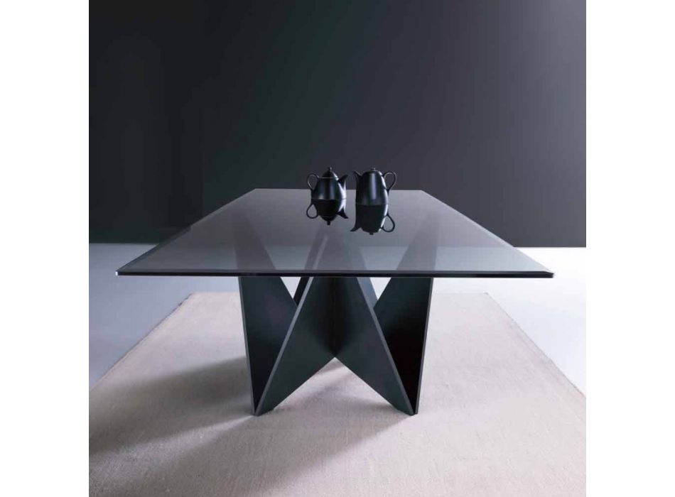 Tavolo da Pranzo Moderno in Vetro Fumè Bisellato e Metallo Made in Italy - Macro Viadurini