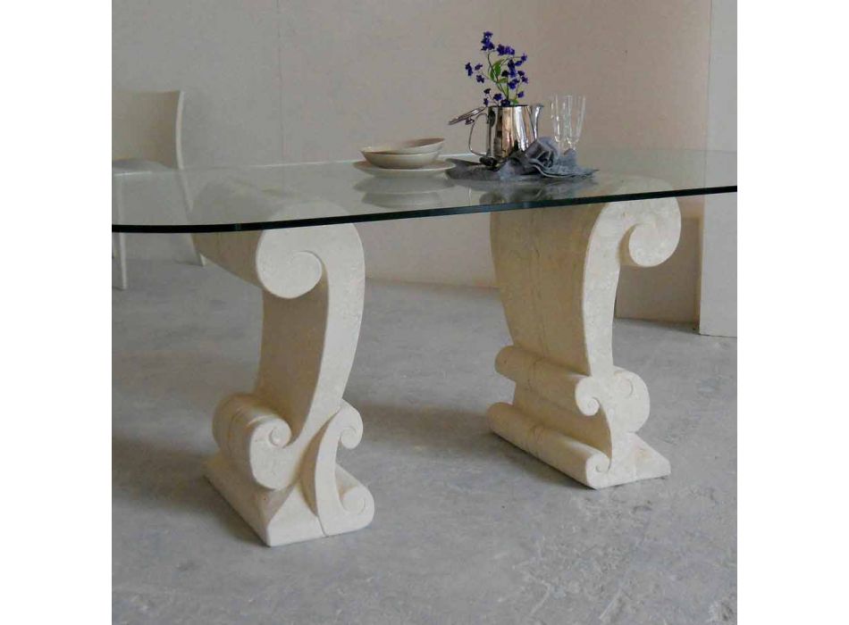 Tavolo da pranzo ovale di pietra e cristallo di design classico Aracne Viadurini