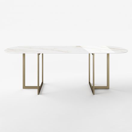 Tavolo da Pranzo Ovale in Gres Porcellanato e Metallo Made in Italy - Emilio Viadurini