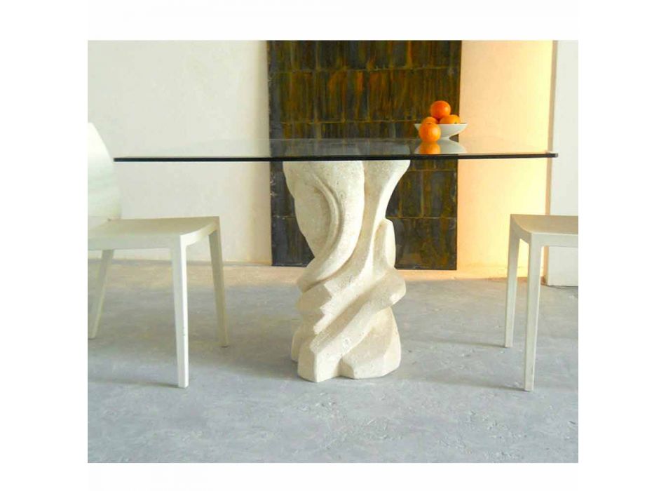 Tavolo da pranzo quadrato in pietra con piano in cristallo Leda Viadurini