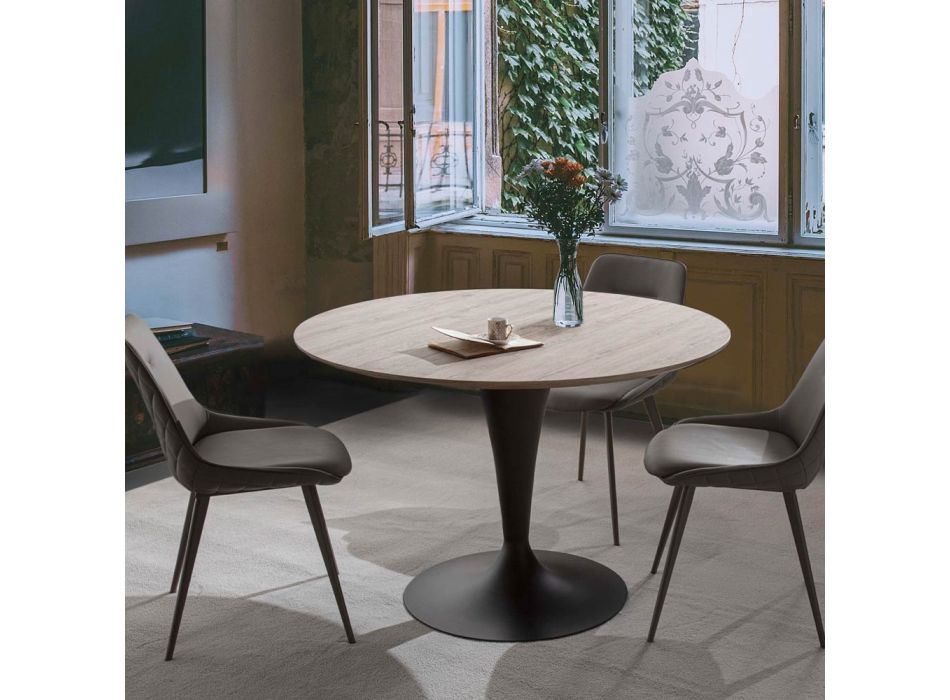 Tavolo da Pranzo Rotondo con Piano in Legno Laminato Rovere Materico - Moreno Viadurini