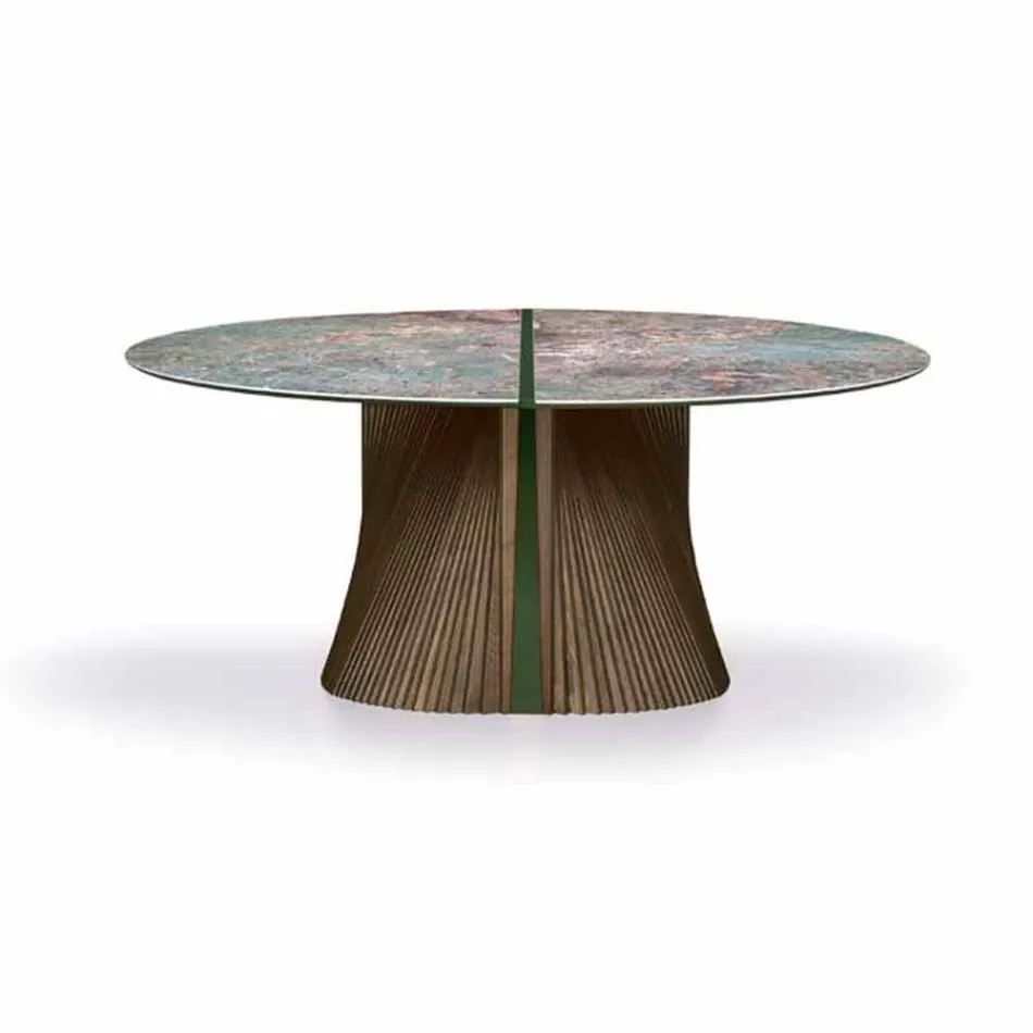 Tavolo da Pranzo Rotondo di Design in Gres Lucido e Legno Made in Italy - Madame Viadurini
