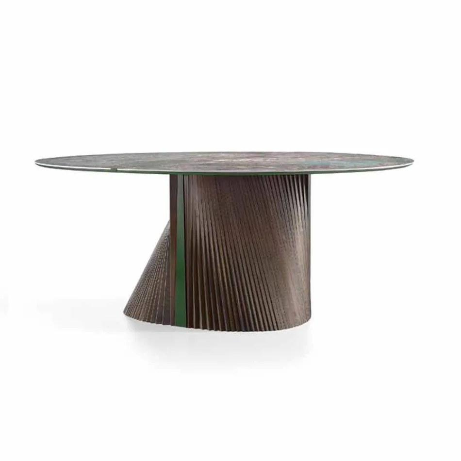 Tavolo da Pranzo Rotondo di Design in Gres Lucido e Legno Made in Italy - Madame Viadurini