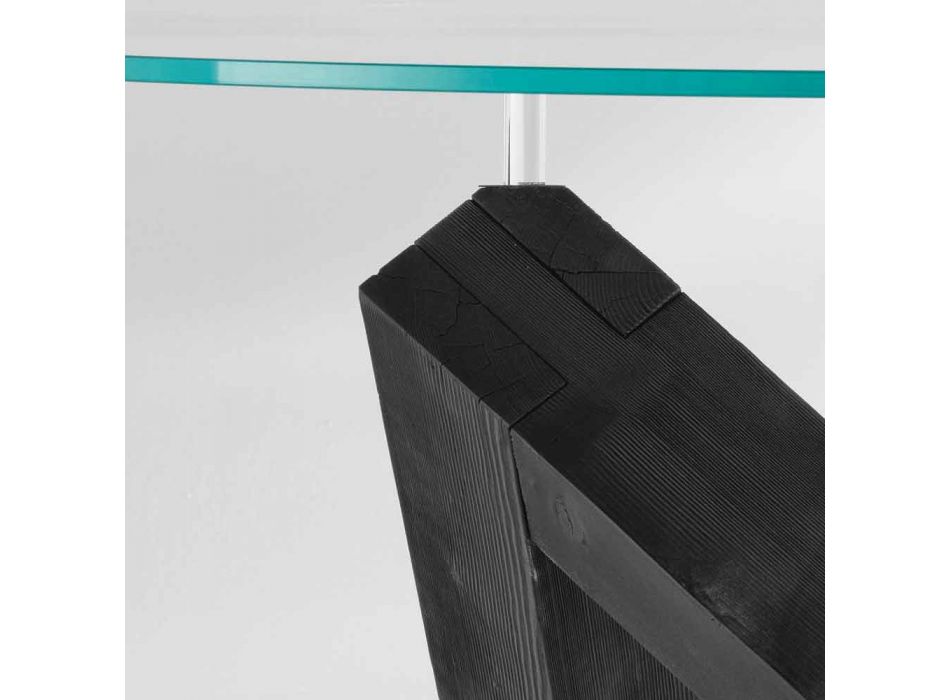 Tavolo da pranzo rotondo in legno con piano in vetro Bao, design moderno Viadurini