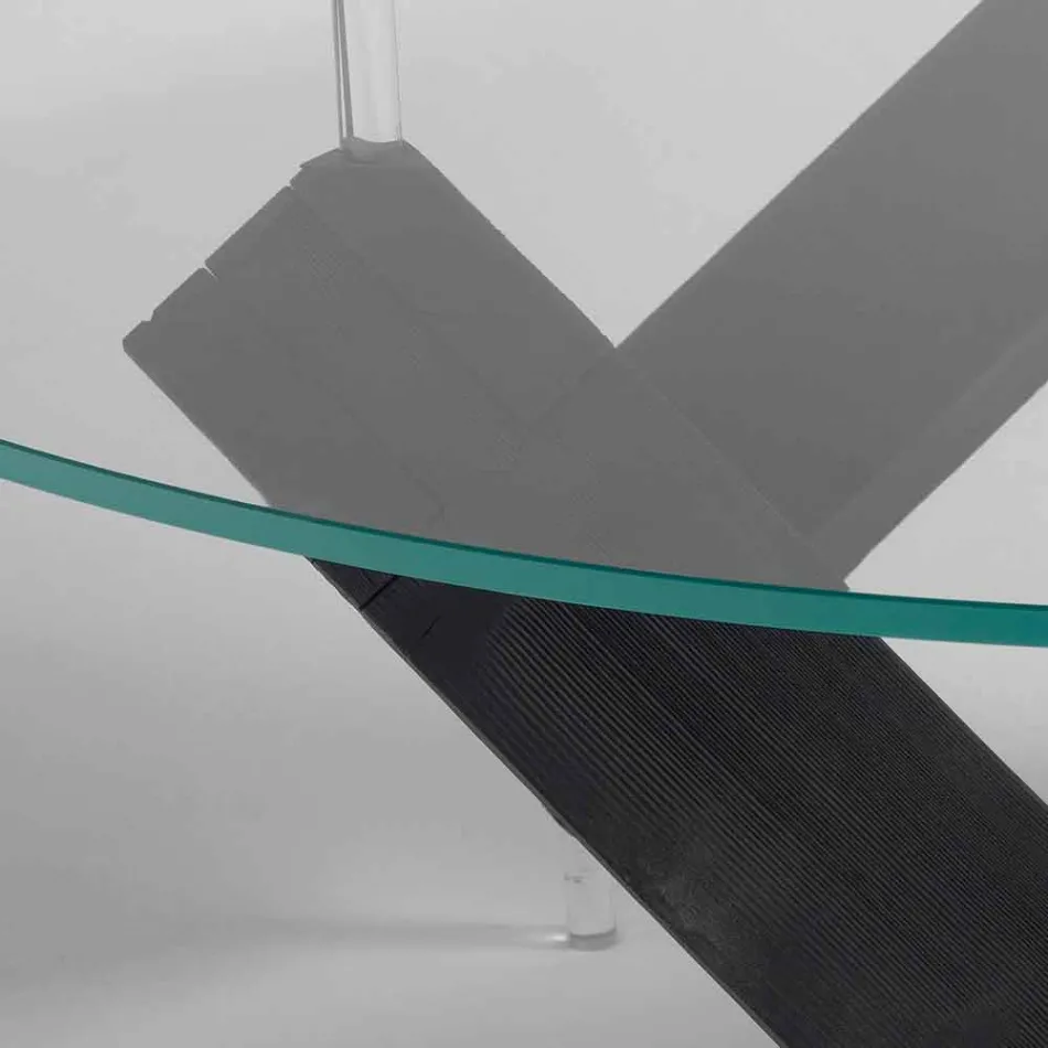 Tavolo da pranzo rotondo in legno con piano in vetro Bao, design moderno Viadurini