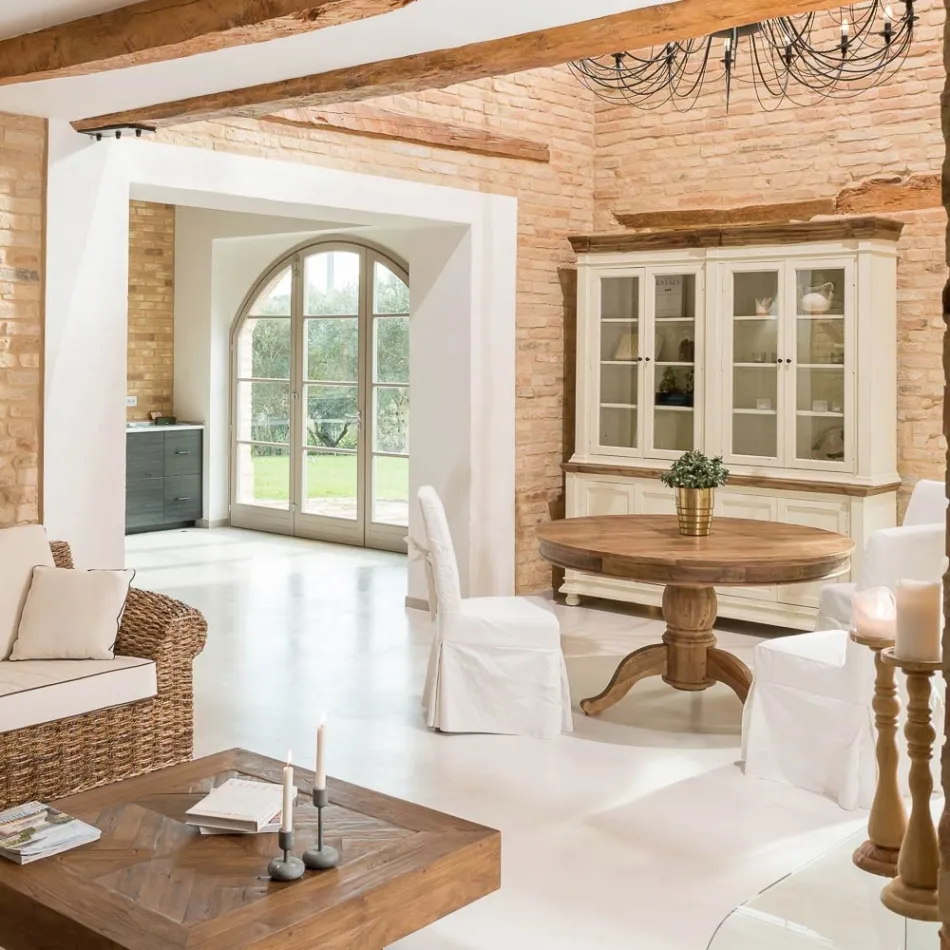 Tavolo da Pranzo Rotondo in Legno Tropicale Riciclato con Base Centrale - Slide Viadurini