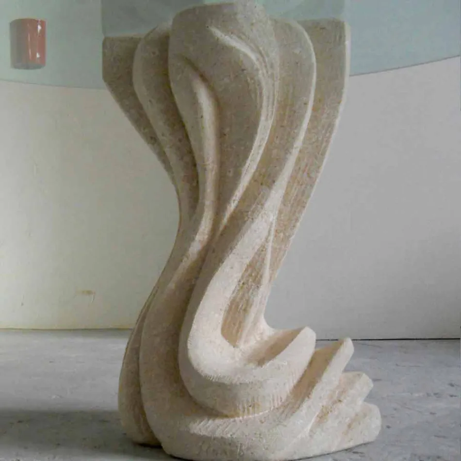 Tavolo da pranzo rotondo in pietra con piano in cristallo Cadmo Viadurini