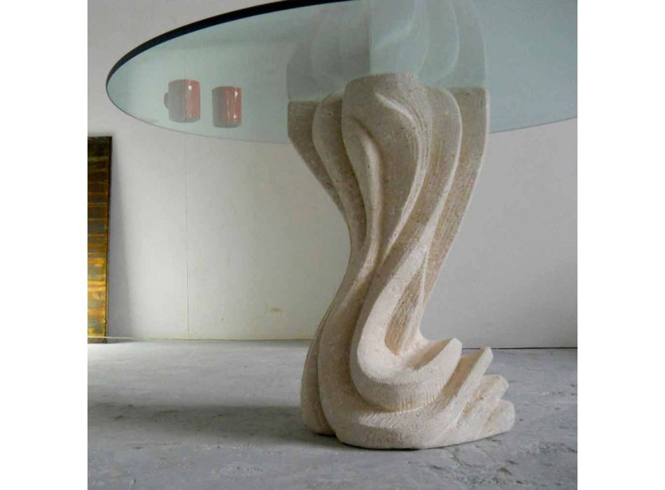 Tavolo da pranzo rotondo in pietra con piano in cristallo Cadmo Viadurini