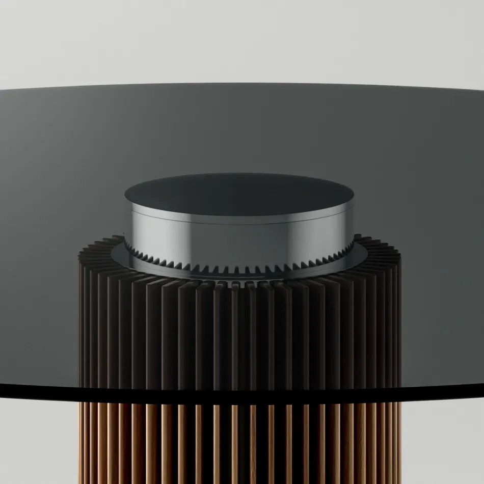 Tavolo da Pranzo Rotondo in Vetro Fumè con Base in Legno Made in Italy - Rondo Viadurini