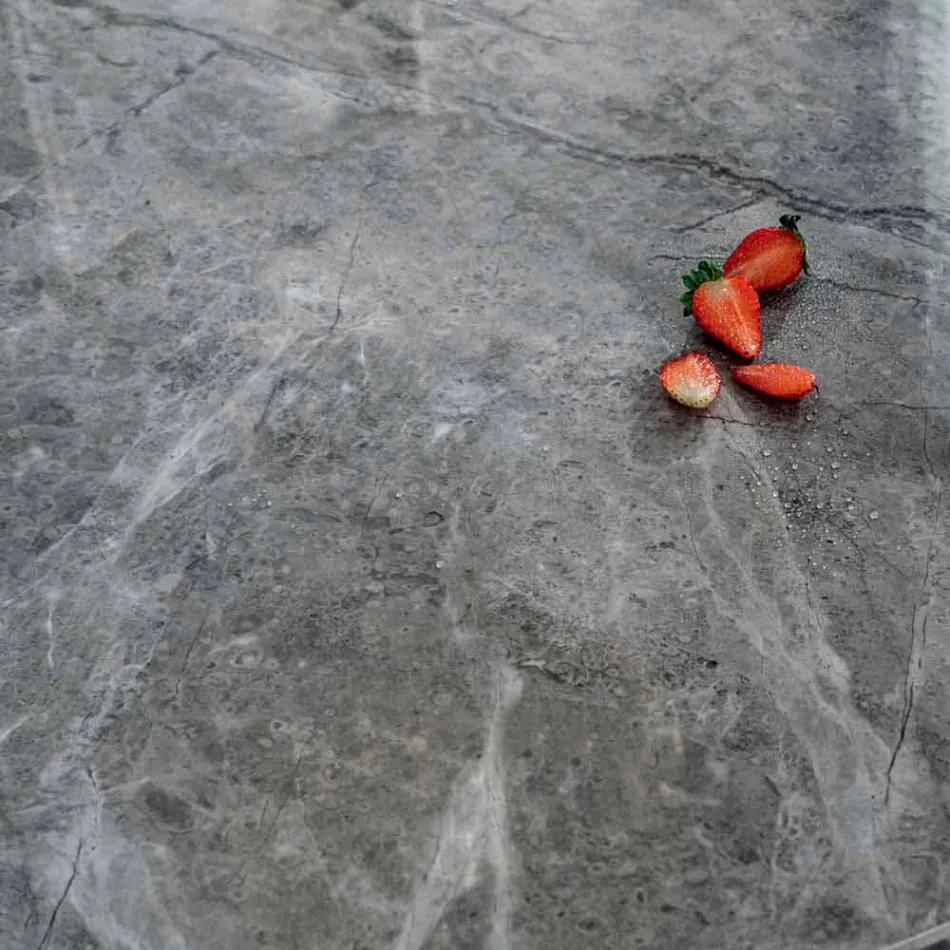 Tavolo da Pranzo Rotondo Moderno in Ceramica Effetto Marmo e Metallo - Jarvis Viadurini