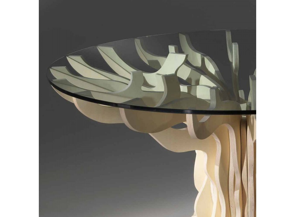 Tavolo da pranzo tondo in legno con piano in cristallo temperato Dalia Viadurini