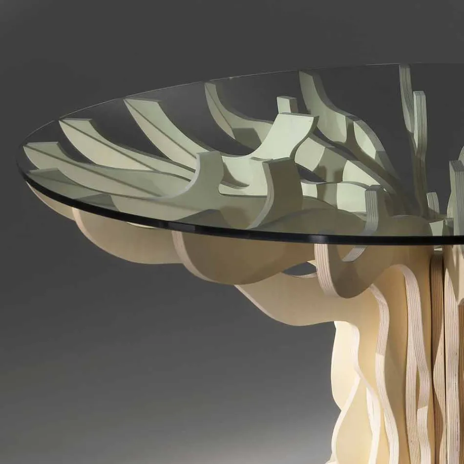 Tavolo da pranzo tondo in legno con piano in cristallo temperato Dalia Viadurini