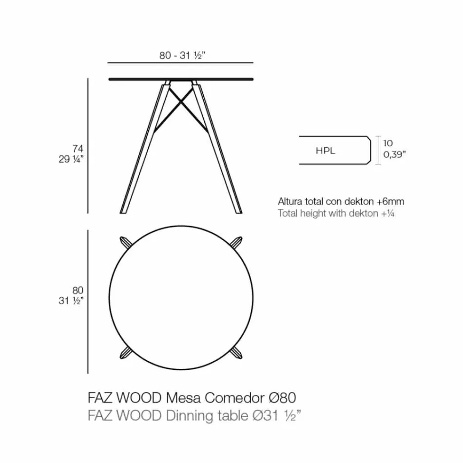 Tavolo da Pranzo Tondo in Legno e Piano in Hpl, 4 Pezzi - Faz Wood by Vondom Viadurini
