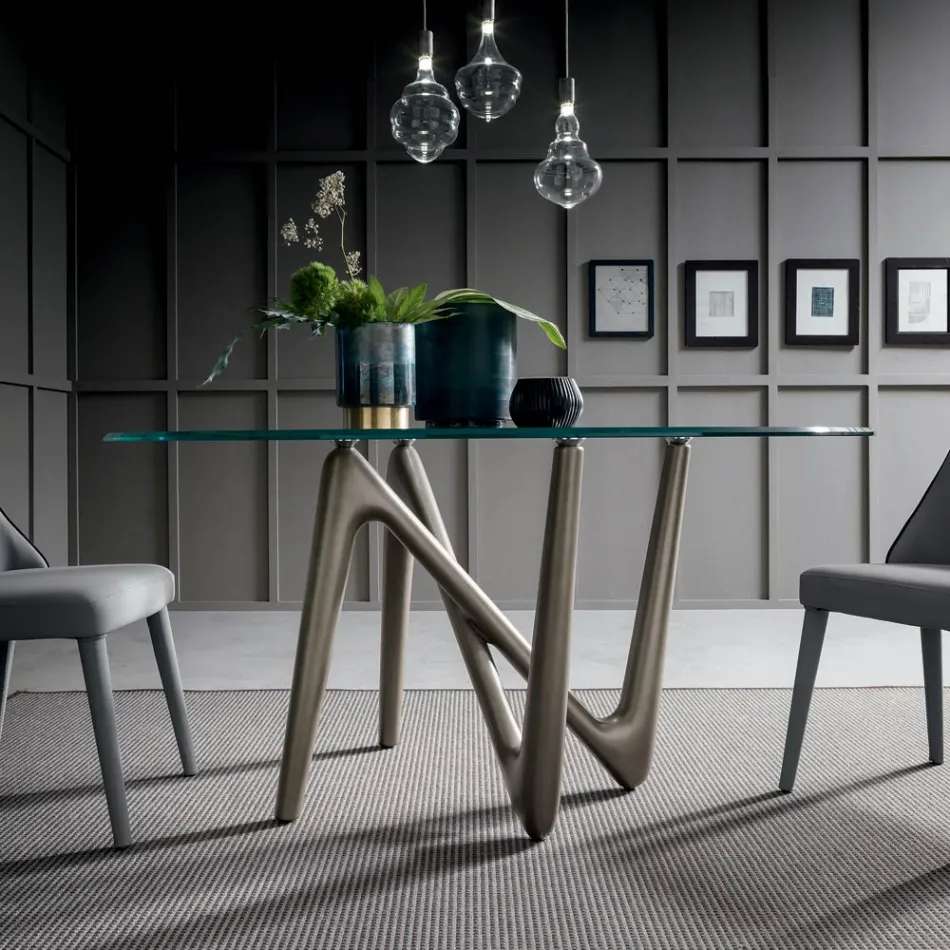 Tavolo da Pranzo Tondo in Vetro Trasparente e Gambe Poliuretano - Stalto Viadurini